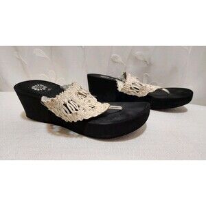 YELLOW BOX WOMENS 9 WHITE CROCHET SANDALS FOAM WEDGE THONG SPRING SUMMER STYLISH